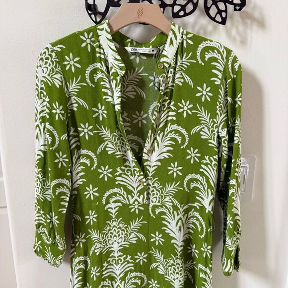 Zara Printed A-Line Midi Dress in Green and White XS NWOT - Picture 10 of 16